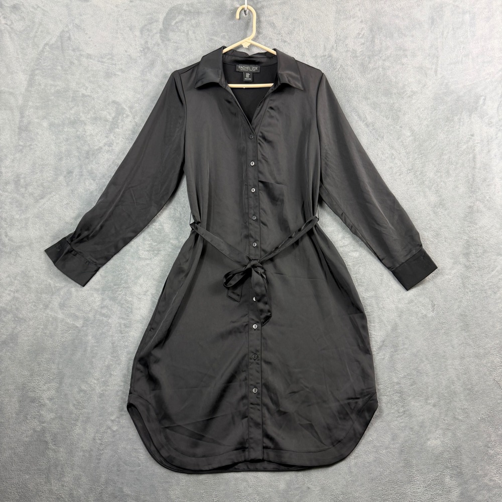 Rachel Zoe Womens M Black Shirt Dress Satin Button Down Long Sleeve Office Siren